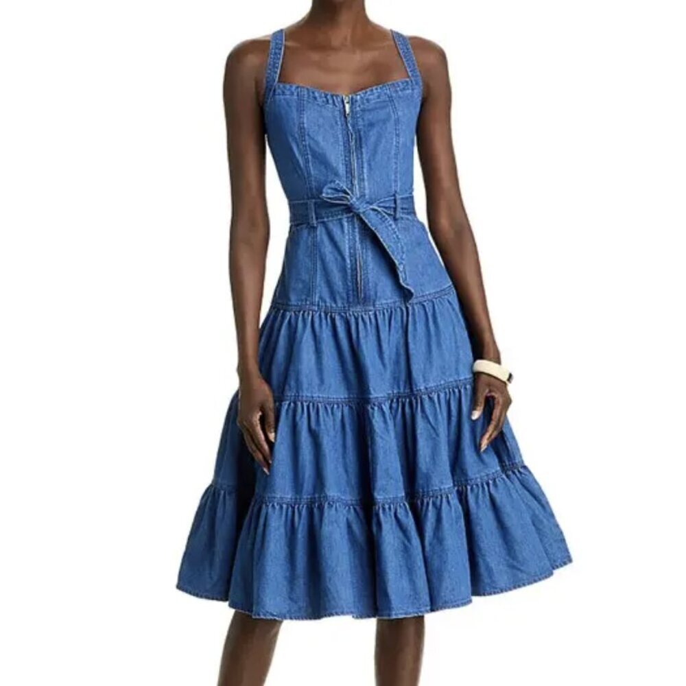Aqua Bloomingdales Nwt Sleeveless Belted Blue Denim Feminine Tiered Dress Medium